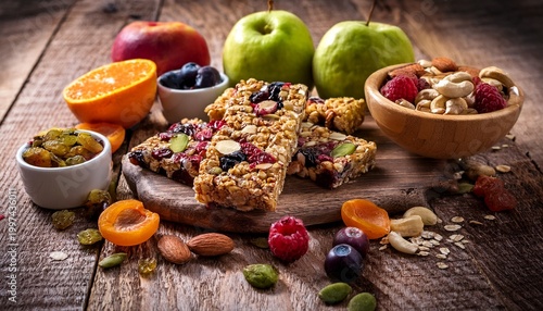healthy granola bars fruits nuts rustic wood