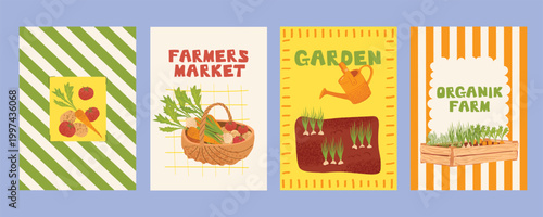 Gardening and farmers market poster set with vegetables and tools, urban garden concept, organic planting and harvest illustrations