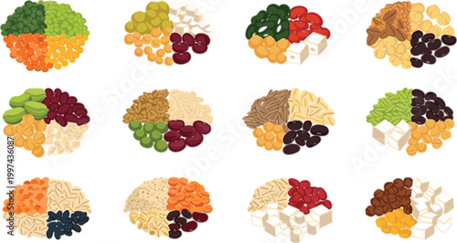 Plant Based Protein Bowls Vector Set with Beans Lentils Grains Tofu and Balanced Vegan Food Portions for Healthy Nutrition Design