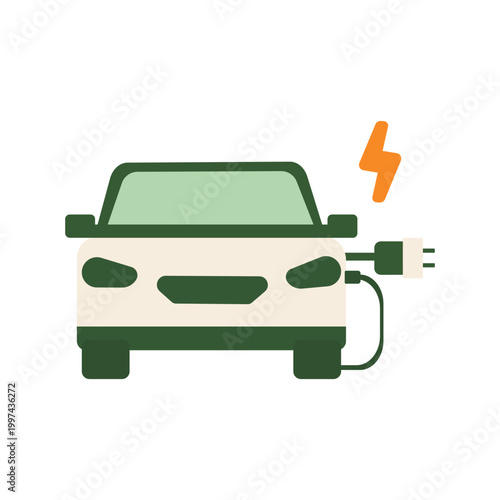 Electric car with charging cable and plug in flat style representing clean transport and renewable energy use