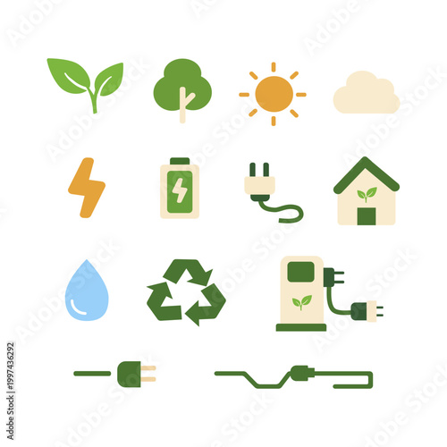 Set of eco and energy icons including leaf, tree, sun, battery, recycling symbol and electric plug in flat style