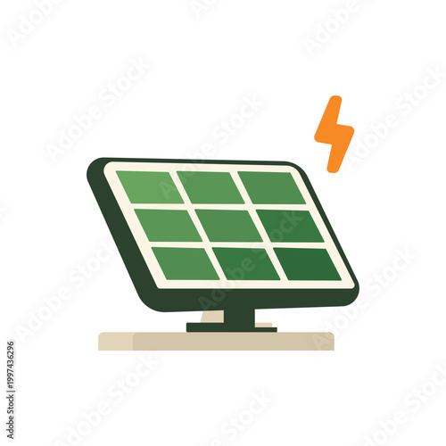 Solar panel with lightning bolt in flat style representing renewable energy and clean electricity generation