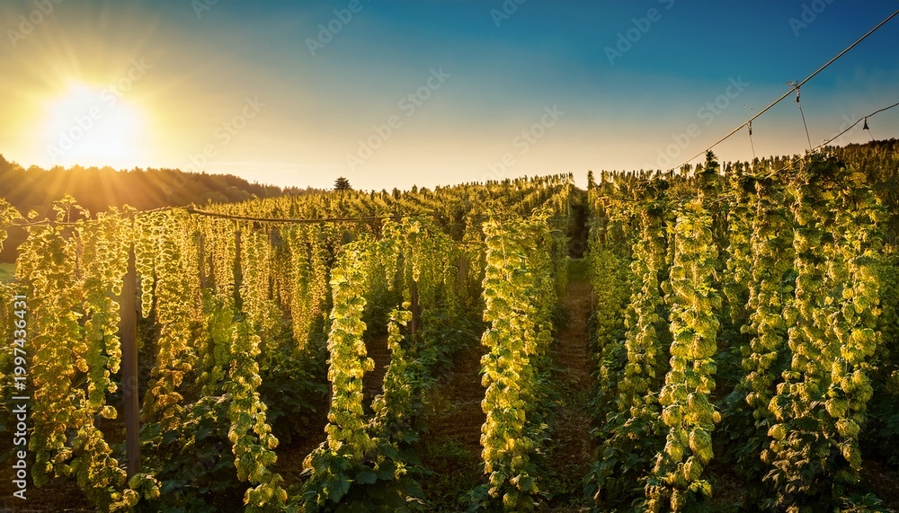 Fototapeta premium sunlit bavarian hops field close up with golden glow
