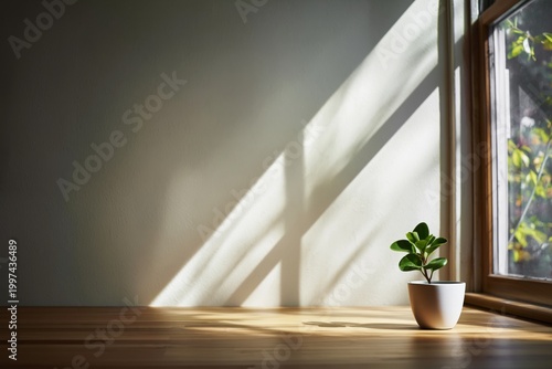 Green Plant in White Pot on Wooden Table Casting a Shadow in Bright Light