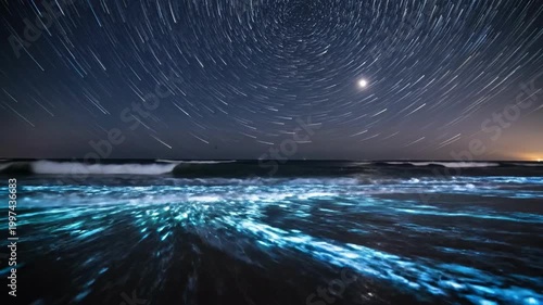 Night beach with glowing waves and star trails under the moon