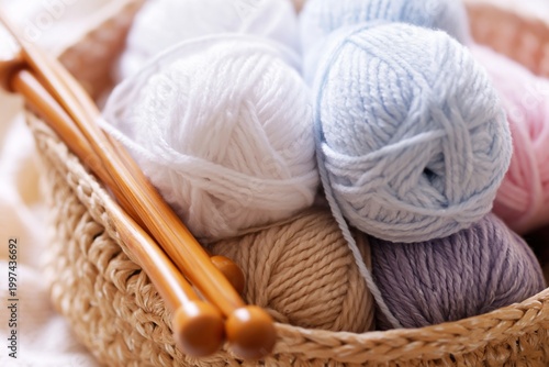 Yarn Balls and Knitting Needles in a Basket on a Sunny Day in a Bright Room