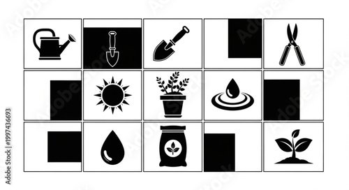Gardening tools and symbols illustration in a grid.