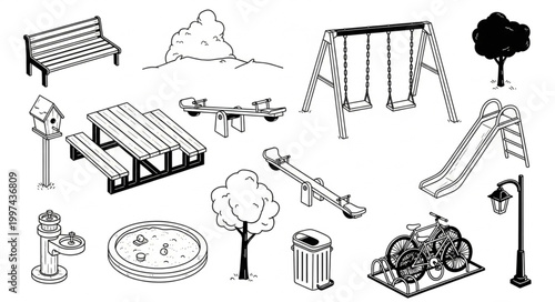 Collection of Hand Drawn Playground Equipment and Park Elements.