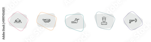 army and war outline icon set. linear vector for ui, web and mobile. thin line militar tent, tank, warship icons.