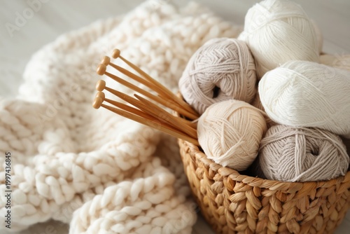 Yarn and Knitting Needles in a Woven Basket on a Table Near a Window in a Bri...