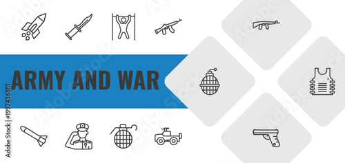 army and war outline icon set. linear vector for ui, web and mobile. thin line missile, combat knife, pull up icons.
