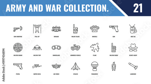 army and war collection. outline icon set. linear vector for ui, web and mobile. thin line pull up, dog tag, plane icons.
