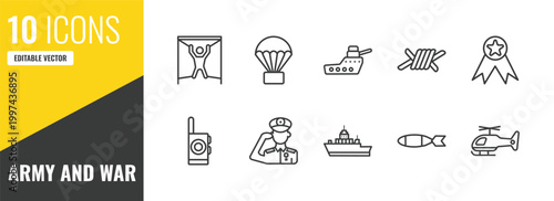 army and war outline icon set. 10 linear vector for ui, web and mobile. thin line torture, parachute, warship icons.