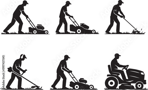 Lawn care service silhouettes, professional gardener mowing grass with equipment, landscaping maintenance workers set of 6 vector icons