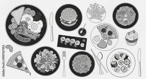 Assortment of Delicious Food Dishes and Snacks Overhead View.