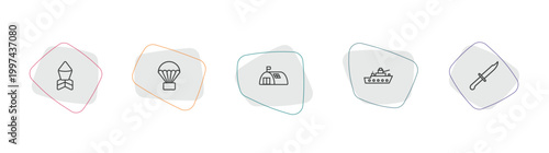 army and war outline icon set. linear vector for ui, web and mobile. thin line depth charge, parachute, bunker icons.