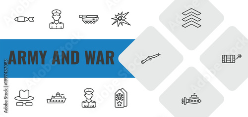 army and war outline icon set. linear vector for ui, web and mobile. thin line torpedo, officer, tank icons.