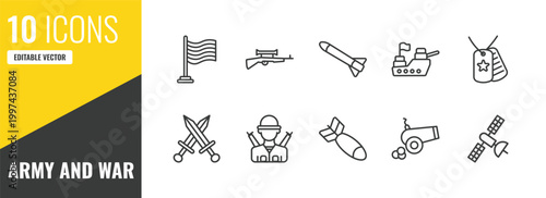 army and war outline icon set. 10 linear vector for ui, web and mobile. thin line patriot, sniper rifle, launcher icons.