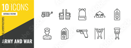 army and war outline icon set. 10 linear vector for ui, web and mobile. thin line time bomb with clock, two way radio, backpack icons.