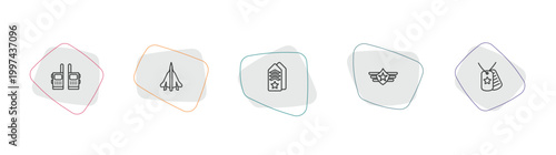 army and war outline icon set. linear vector for ui, web and mobile. thin line two way radio, fighter plane, shoulder strap icons.
