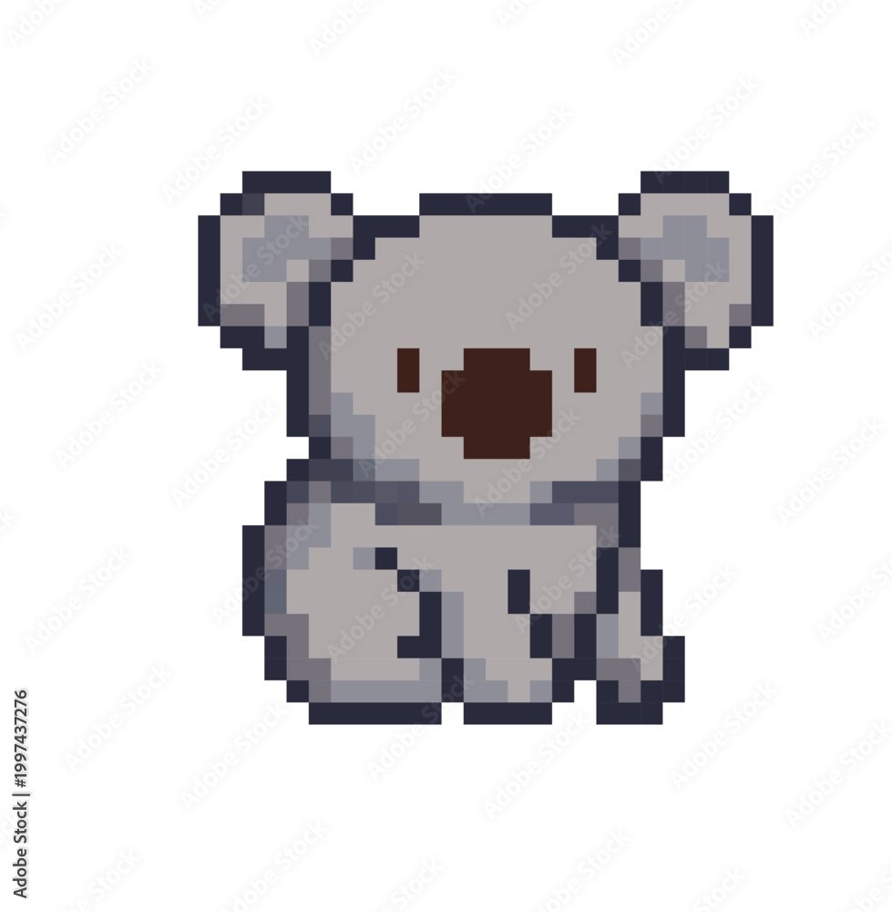 Obraz premium Adorable pixel koala bear character icon in classic retro game style. Gray marsupial animal with clean pixel edges, soft shading and friendly expression.