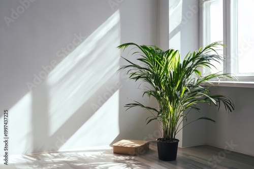 Sunlight Shines Through Windows Onto a Potted Plant in a Bright Room With Lig...