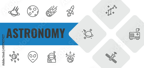 astronomy outline icon set. linear vector for ui, web and mobile. thin line space collision, big moon, meteorite falling icons.