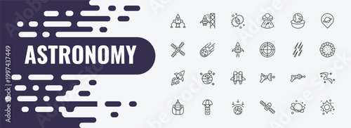 astronomy outline icon set. linear vector for ui, web and mobile. thin line spaceport, nebula, relativity icons.