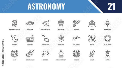 astronomy outline icon set. linear vector for ui, web and mobile. thin line galaxy view, rocket start, gun blaster icons.