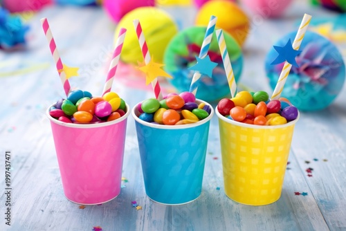 Bright Cups Filled With Colorful Candies at a Fun Party Setup With Decoration...