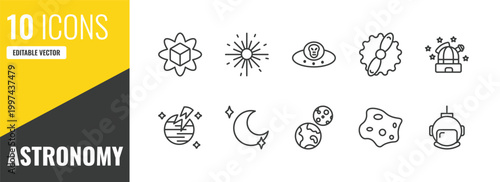 astronomy outline icon set. 10 linear vector for ui, web and mobile. thin line simulator, big bang, alien with aqualung icons.