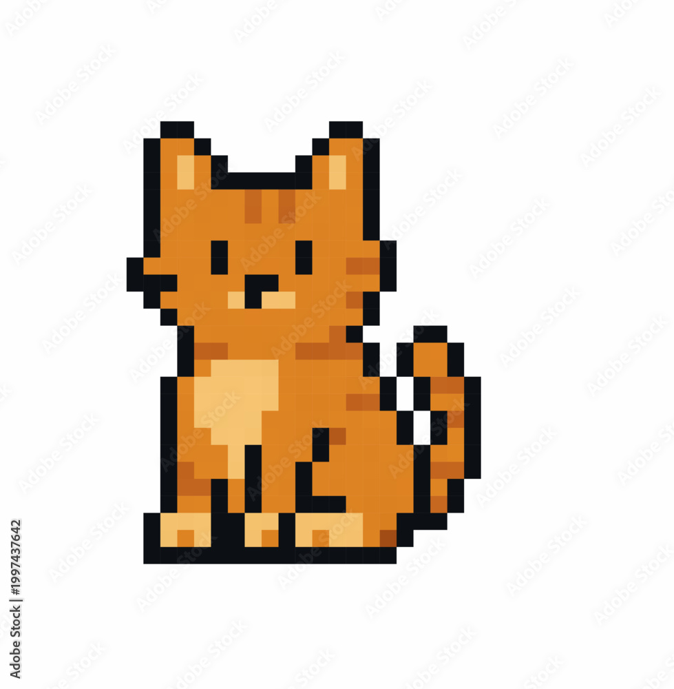 Fototapeta premium Adorable pixel orange cat character icon in classic retro game style. Cute sitting kitten with striped fur, clean pixel edges and soft shading.
