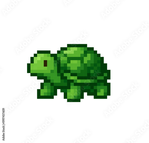Adorable pixel green turtle animal icon designed in retro game style. Cute reptile character with detailed shell and bright colors, perfect for mobile games,