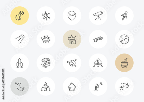astronomy outline icon set. linear vector for ui, web and mobile. thin line earth and moon, sputnik, launching shuttle icons.