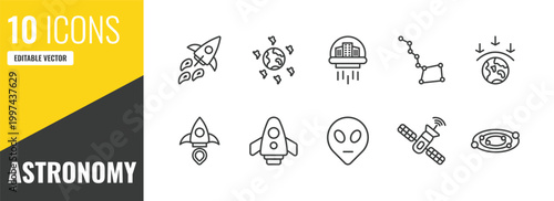 astronomy outline icon set. 10 linear vector for ui, web and mobile. thin line rocket flying, space junk, space colony icons.