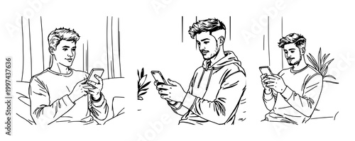 Young man with smartphone set with cozy indoor lighting and minimal background featuring natural expression, social media, modern lifestyle with high resolution and realistic photography