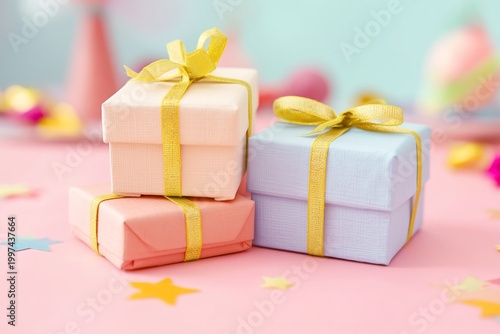 Small Gift Boxes With Ribbon on a Colorful Background for a Celebration or Pa...