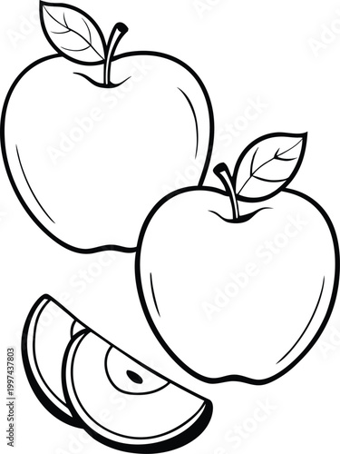Two fresh whole apples and apple slices in a simple black and white line art drawing style