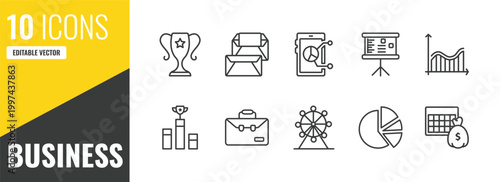 business outline icon set. 10 linear vector for ui, web and mobile. thin line achievement, correspondence, mobile stock data icons.