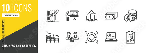business and analytics outline icon set. 10 linear vector for ui, web and mobile. thin line measuring success, graphic panel and man, business graph icons.