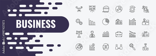business outline icon set. linear vector for ui, web and mobile. thin line stellar, mining cart, synchronization icons.