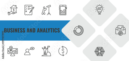business and analytics outline icon set. linear vector for ui, web and mobile. thin line mortgage loan, revision, man looking icons.