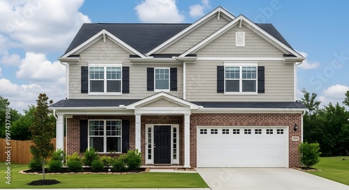 Charming two story suburban home with brick and siding exterior on a sunny day