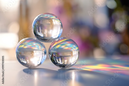 Three Glass Orbs Show Reflections of Light and Colors on a Surface in a Brigh...