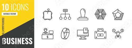business outline icon set. 10 linear vector for ui, web and mobile. thin line post it, structure, rubber stamp icons.