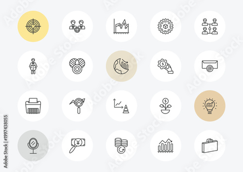 business outline icon set. linear vector for ui, web and mobile. thin line circular target, man holding a big coin, paper shredder icons.