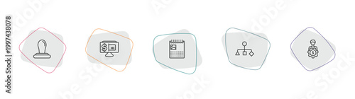 business outline icon set. linear vector for ui, web and mobile. thin line rubber stamp, online payment, wall calendar icons.