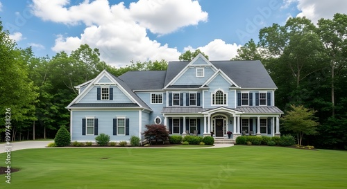 Elegant two story house with gray exterior and manicured lawn on a sunny day