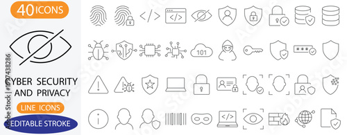 Cyber Security & Privacy Icons. Features icons of fingerprints, scan, shields, padlocks, hacker, and face ID. Perfect for data protection and tech UI design.