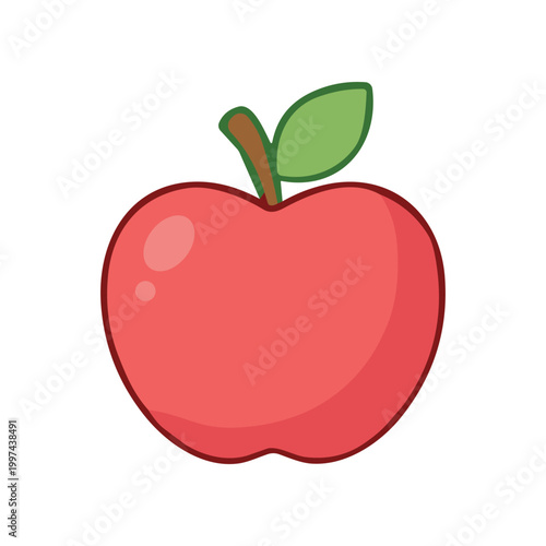 Fresh red apple with green leaf.